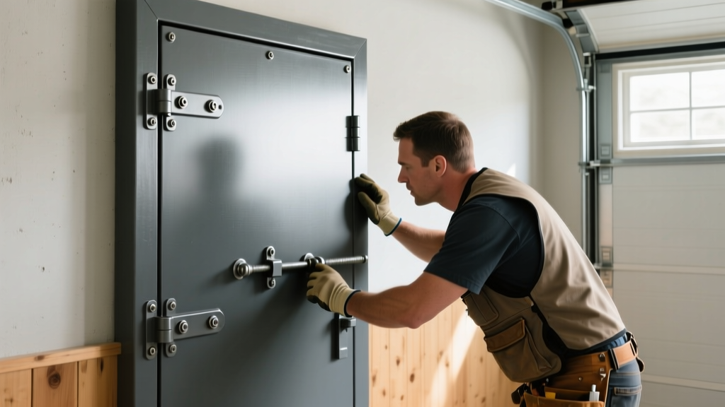 Heavy-duty steel storm shelter door with a 3-point locking mechanism being inspected by a contractor in a residential garage