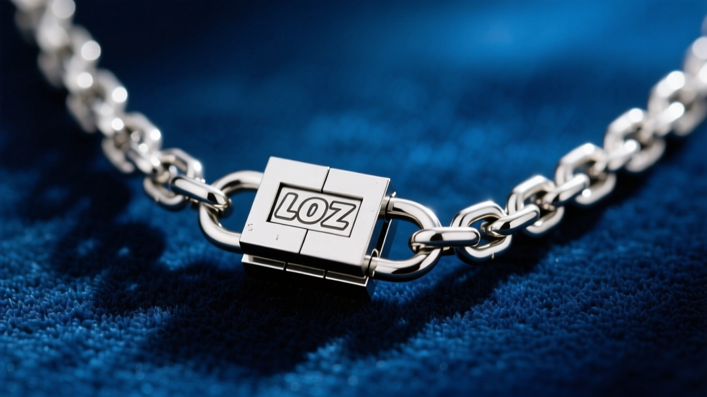 Macro shot of a steel chain on a LOZ necklace bail, focusing on the jump ring and silver clasp against a dark blue velvet backdrop