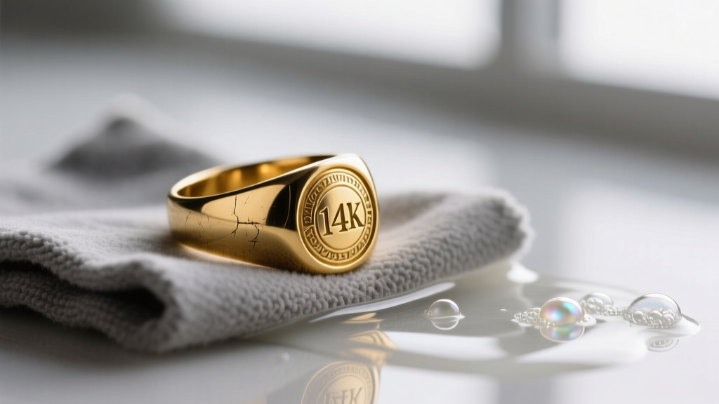 Close-up of a worn 14k yellow gold signet ring on a gray microfiber polishing cloth next to soapy water, soft studio lighting.