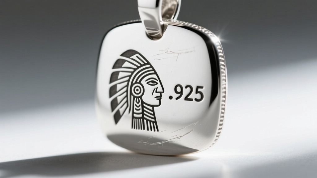 Extreme close-up of a sterling silver pendant back, revealing a stamped Native American artist hallmark and a .925 purity mark.