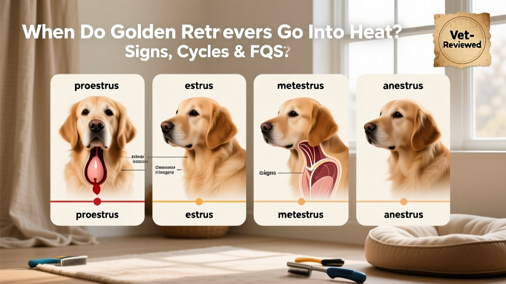 Side-by-side diagram illustrating the four stages of a dog's heat cycle with labeled timelines and physical changes