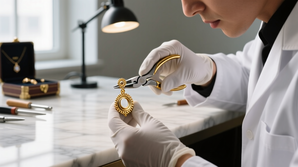 Jeweler using nylon-jaw pliers to adjust an omega-back clasp on a gold-tone designer earring at a well-lit workbench.