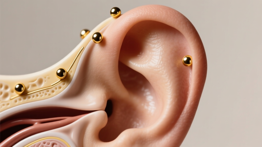 Diagram of the ear highlighting Shen Men and Endocrine points with small gold magnetic studs placed on the upper cartilage ridges