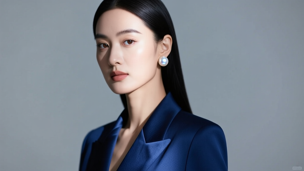 Elegant woman in navy blazer wearing 9mm white Akoya pearl stud earrings, studio lighting highlighting mirror-like luster