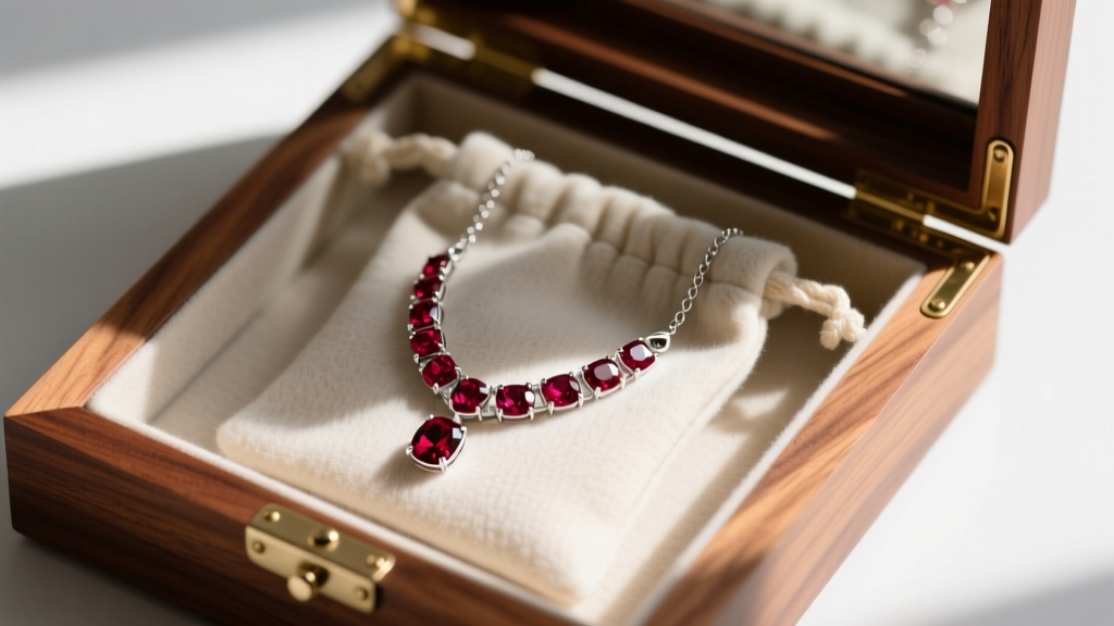 Sterling silver ruby necklace stored inside an anti-tarnish flannel pouch within a cedar-lined jewelry box, top-down angle.