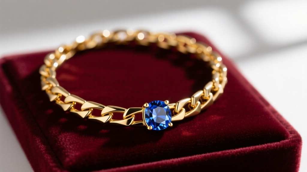 Close-up of a 14k yellow gold box chain necklace with a small sapphire birthstone pendant resting on a soft velvet display pad