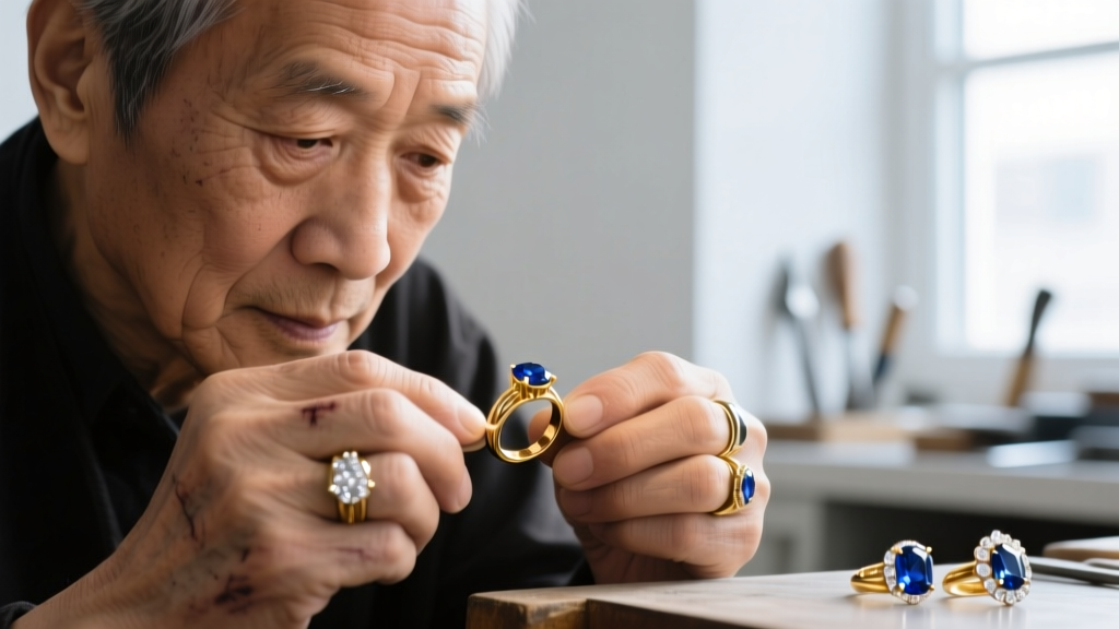 Close-up of jeweler's hands using nylon-jaw pliers to bend 20-gauge dead soft silver wire around a polished lapis lazuli cabochon.