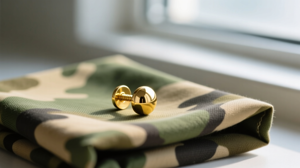 Macro photography of a 14k yellow gold 5mm spherical screw-back earring resting on folded camouflage fabric