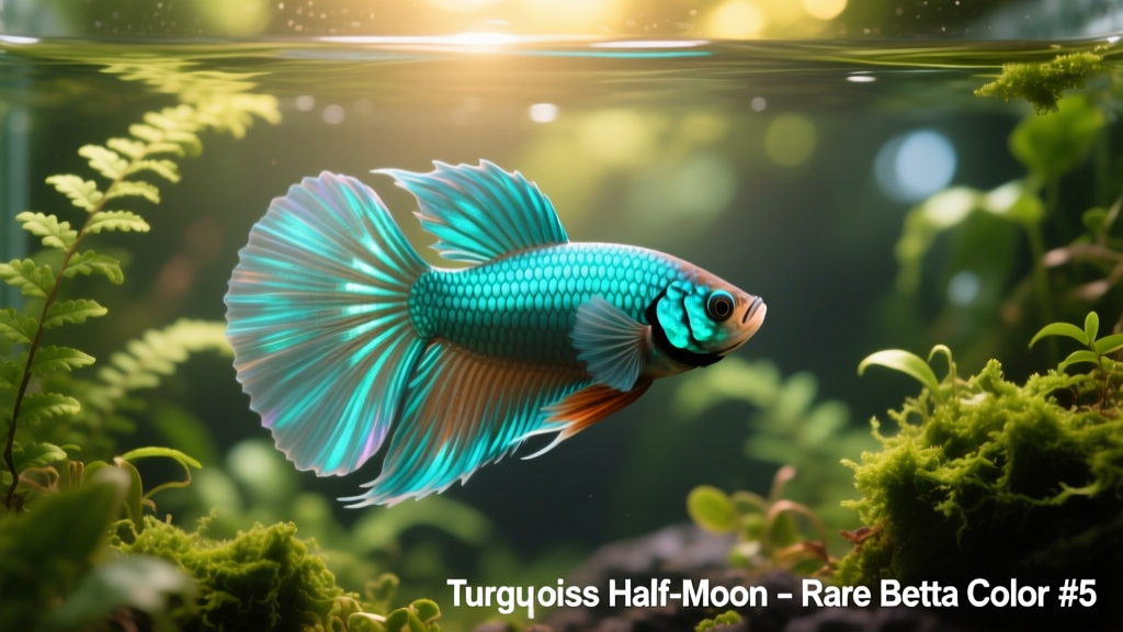 Close-up of a vibrant turquoise half-moon betta fish swimming in a well-planted aquarium