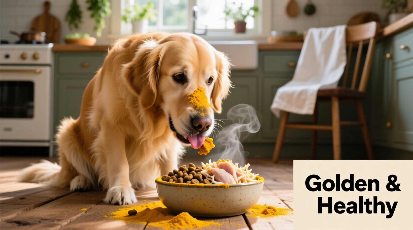Golden retriever eating food with turmeric sprinkle