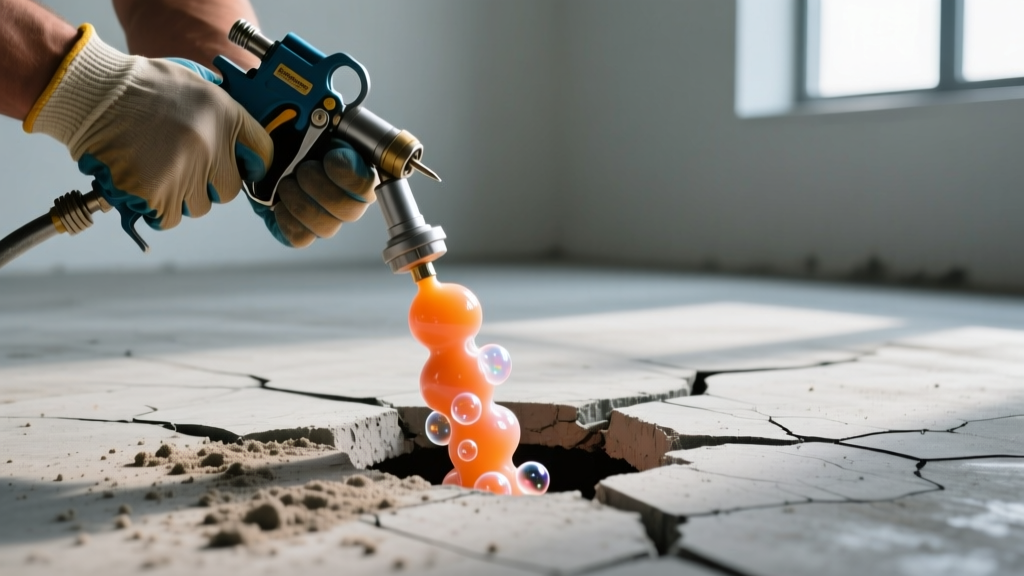Technician injecting polyurethane foam through a 5/8-inch hole in a cracked concrete slab using a specialized proportioning gun