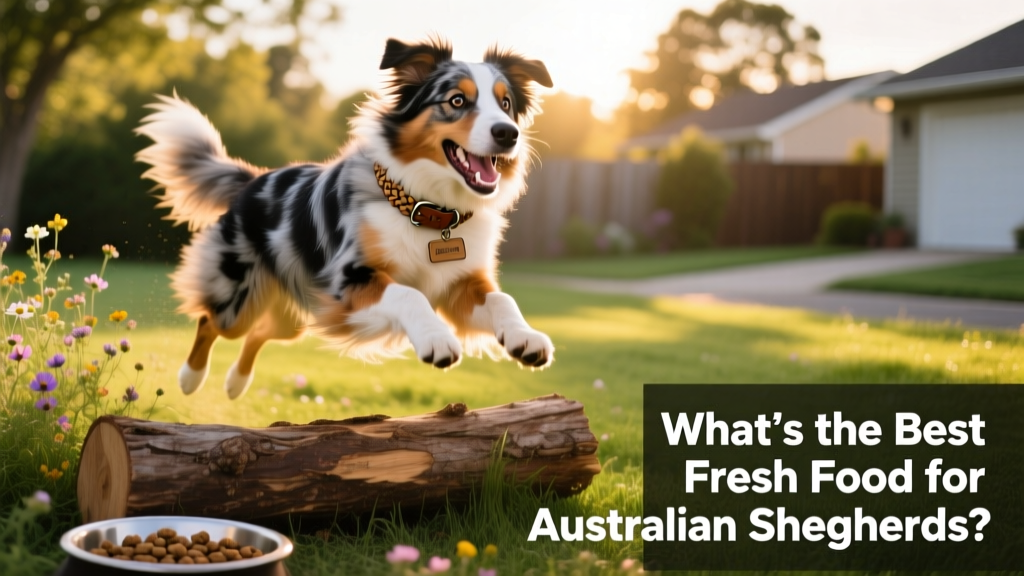 Australian Shepherd playing outdoors with visible energy and glossy coat