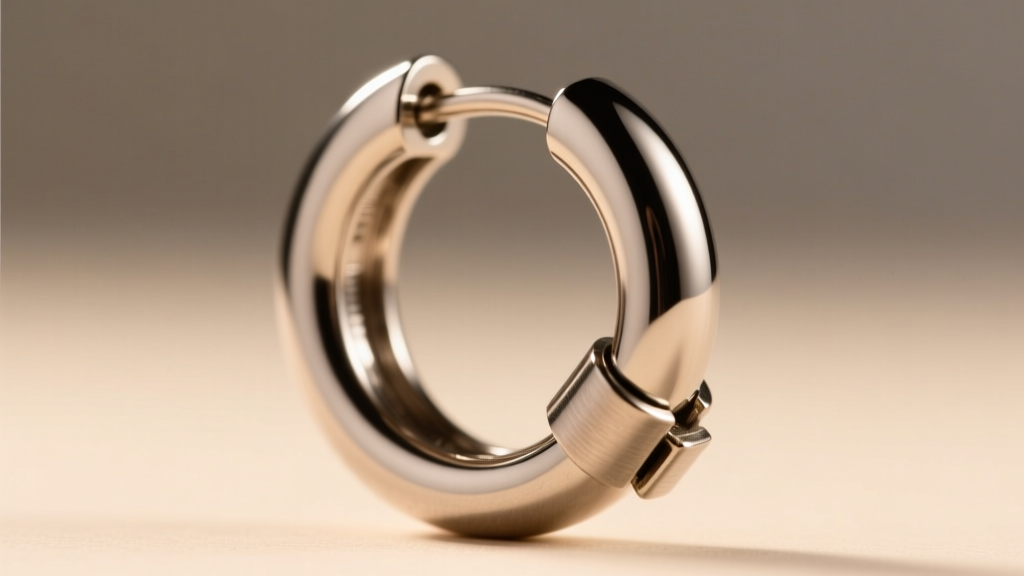 Macro shot of an 18-gauge titanium large earring hoop clicker hinge, displaying the secure closure against a blurred background.