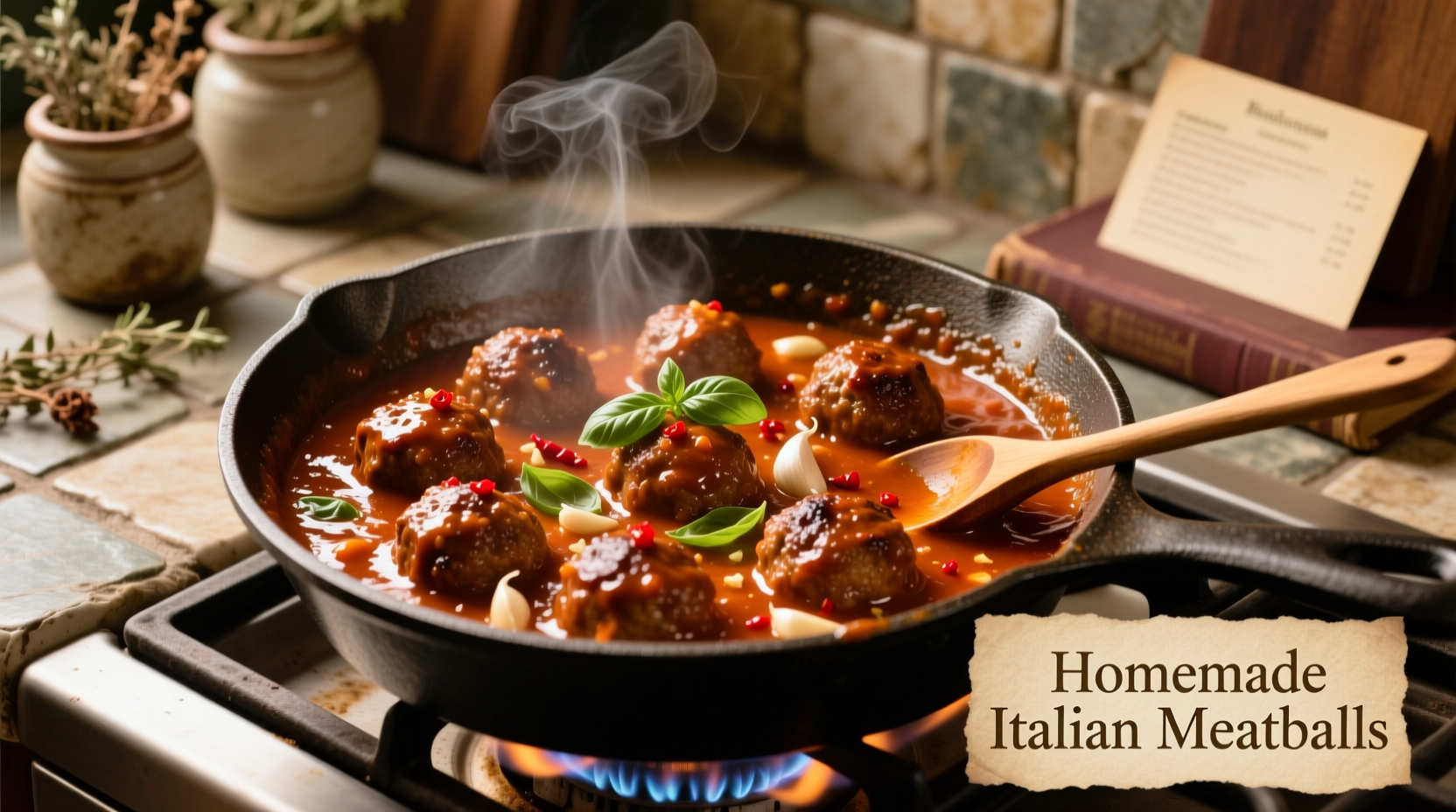 Golden brown meatballs simmering in rich tomato sauce