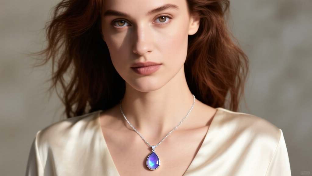 Close-up of a woman wearing a delicate sterling silver dangle necklace with a teardrop moonstone pendant against a cream silk top.