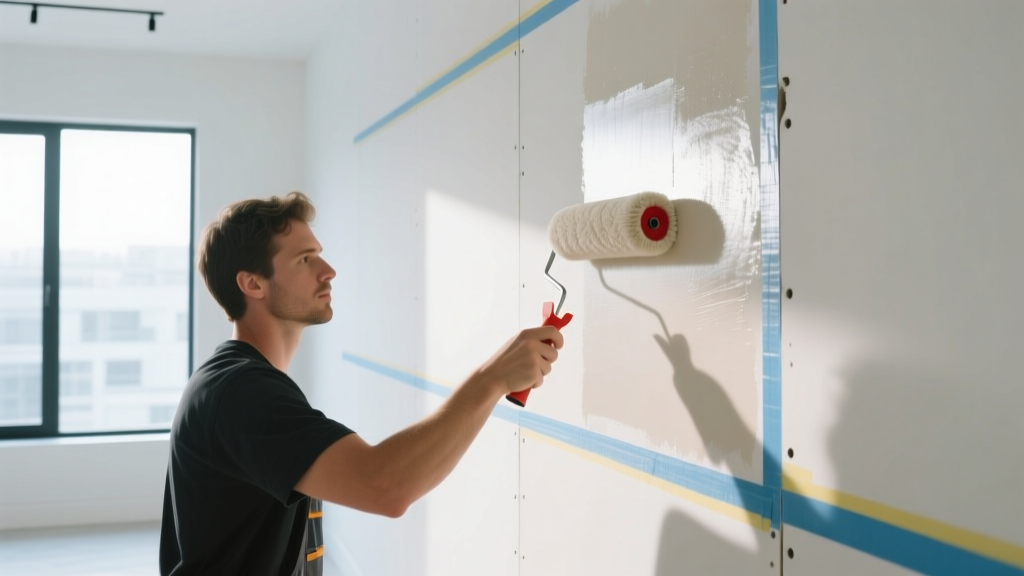 Professional painter applying PVA primer to newly taped gypsum board walls using a microfiber roller in a bright room