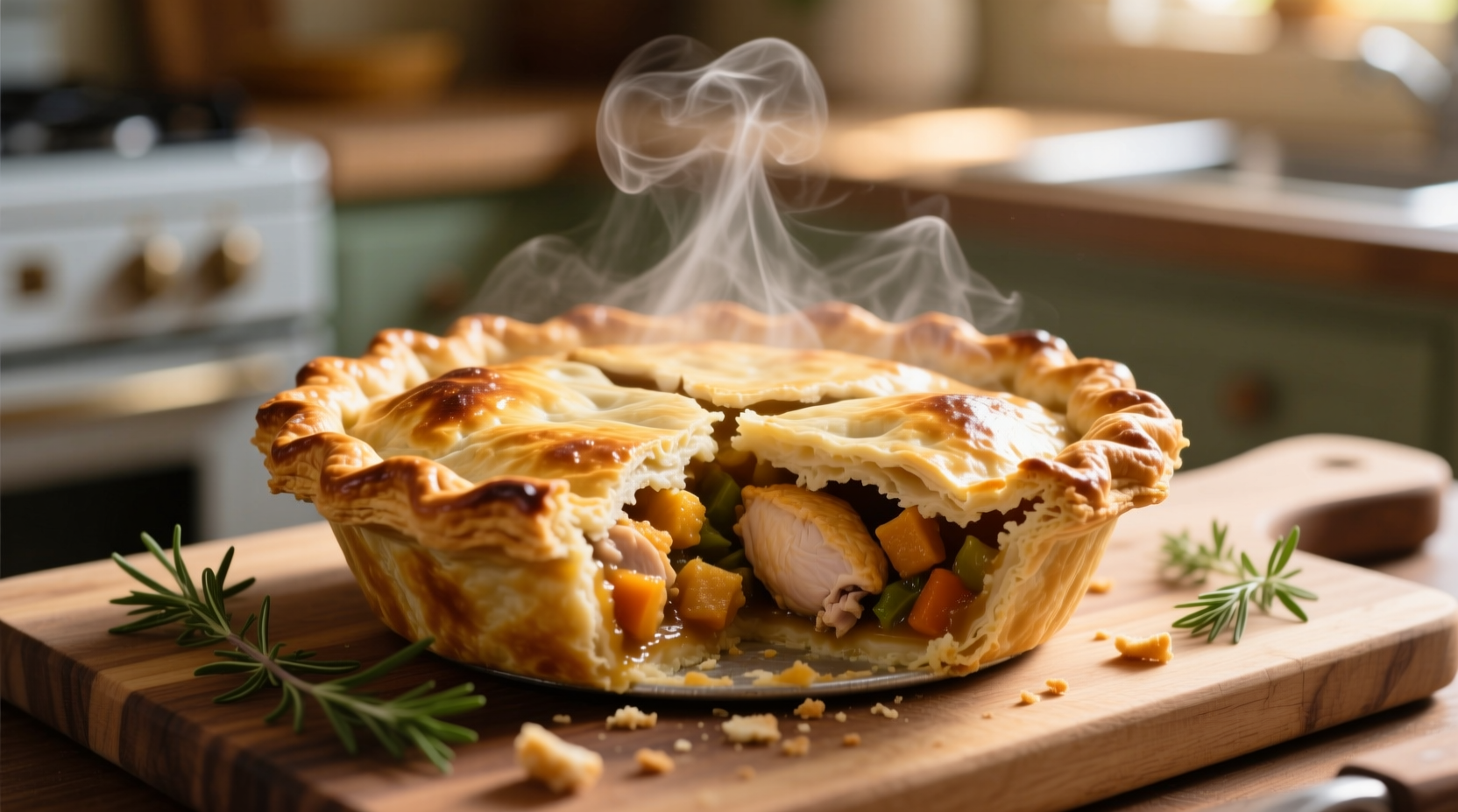 Golden brown chicken pot pie fresh from oven