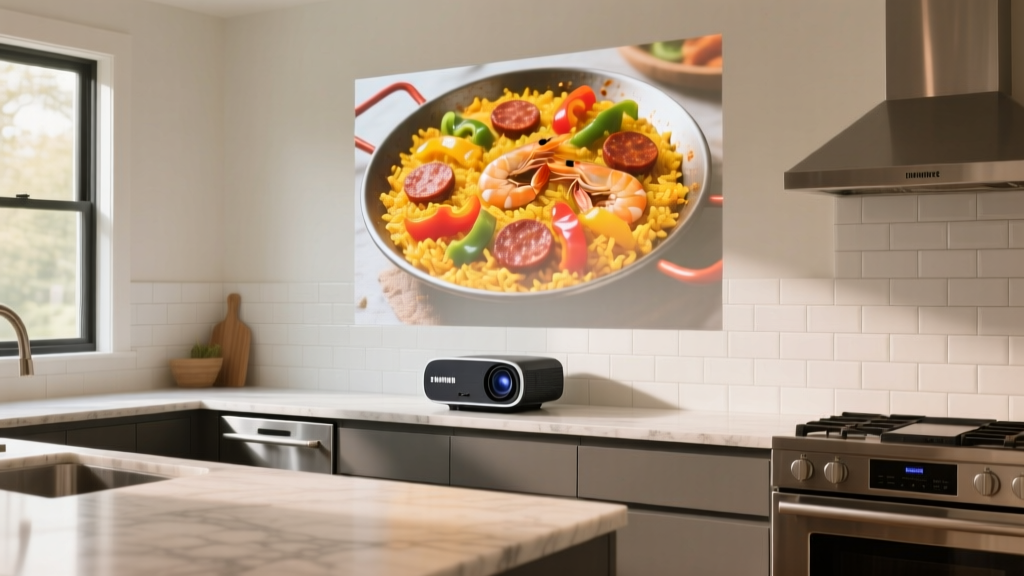 Modern kitchen setup with a compact Samsung Freestyle projector displaying a vibrant paella recipe on a white subway tile backsplash above the prep counter
