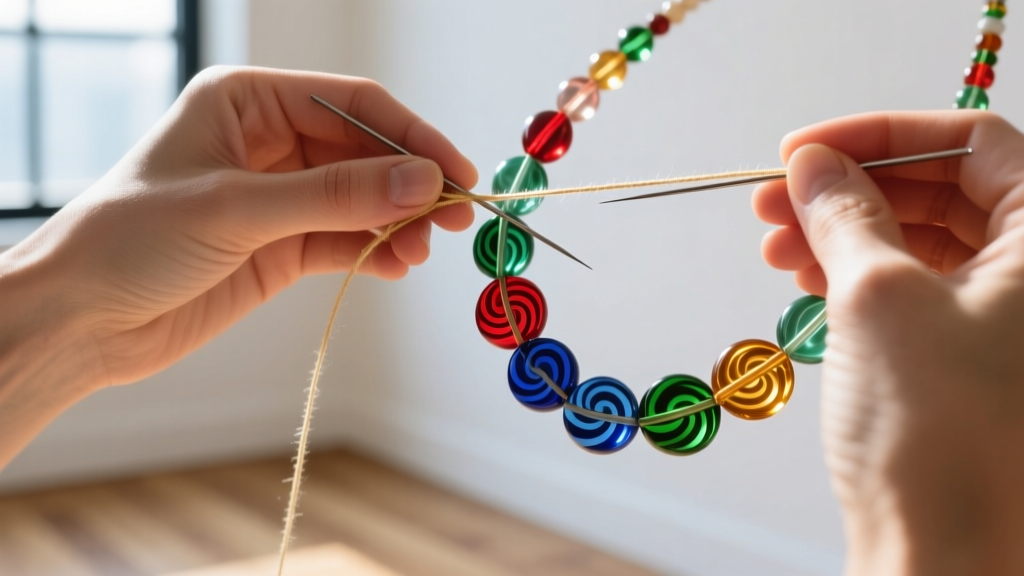 Hands re-stringing a vintage millefiori bead necklace using thick silk thread and a flexible needle in bright natural sunlight
