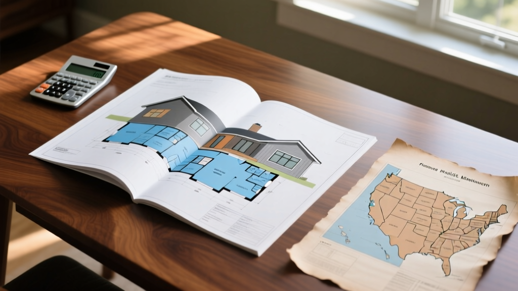 Architectural blueprints for a 1200 square foot modern ranch home spread across a wooden table with a regional US map and calculator