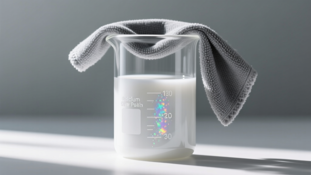 Glass beaker filled with milky white calcium carbonate abrasive silver polish, with a gray microfiber cloth draped over the rim.
