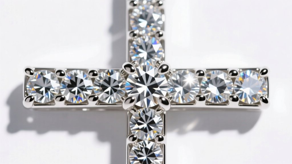 Macro shot of melee diamonds in a shared-prong pave setting on a white gold cross, highlighting bright facet reflections clearly.