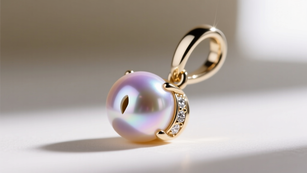 Close-up of a half-drilled 9mm pearl mounted on a 14k white gold leverback peg setting with a drop of jeweler's epoxy resin.