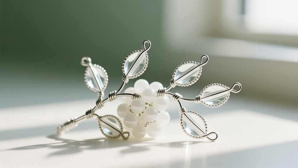 Macro photography of 26-gauge sterling silver wire wrapped into tiny vine leaves, interwoven with white Czech glass seed beads.