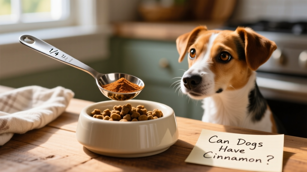 Close-up of a measuring spoon holding 1/4 teaspoon of ground cinnamon next to a small dog’s food bowl