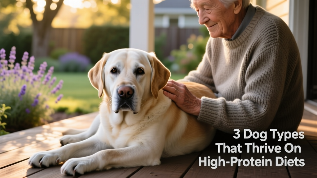 A gentle close-up of a calm senior dog resting beside its owner