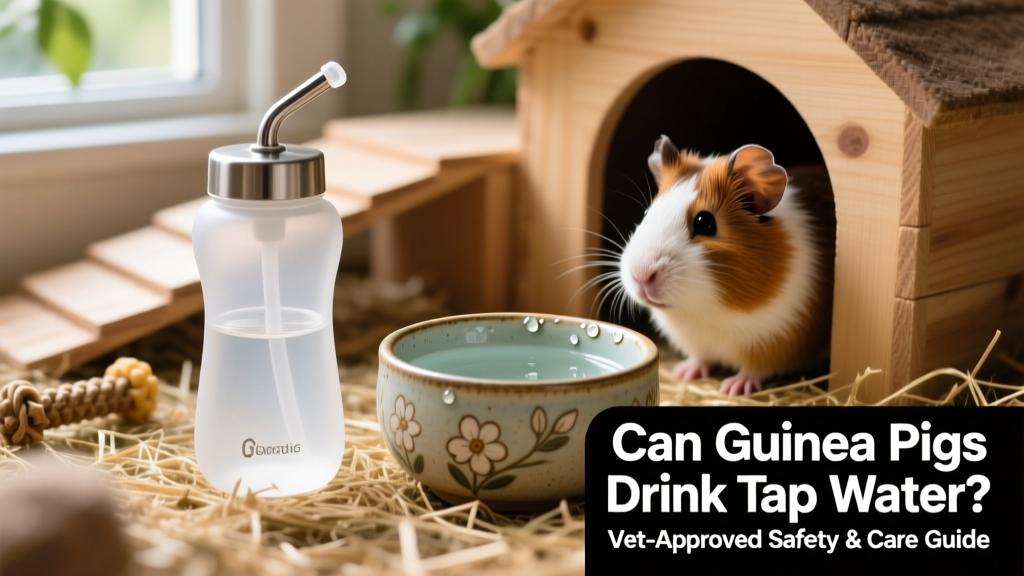 Side-by-side comparison of a clean sipper bottle and a ceramic water bowl in a guinea pig habitat