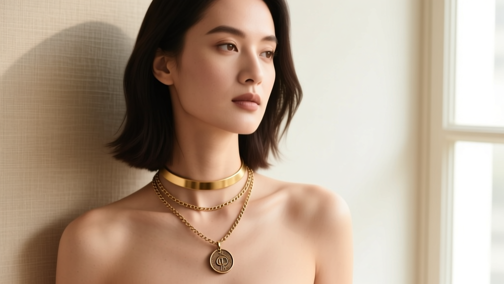 Woman wearing layered necklaces featuring a small bronze japor snippet on a 16-inch box chain paired with a simple gold choker.