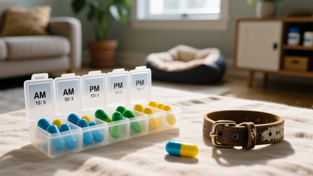 Close-up of daily oral NSAID pills and a pill organizer used for managing chronic canine osteoarthritis pain at home