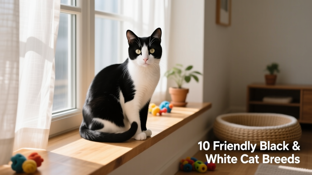A tailless Manx cat with black-and-white tuxedo markings, perched alertly on a windowsill