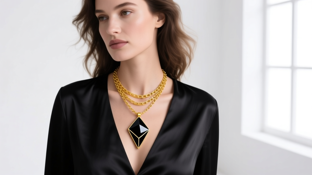 A woman wearing a layered 14k yellow gold chain and a geometric black onyx pendant, styled with a deep V-neck black silk blouse.