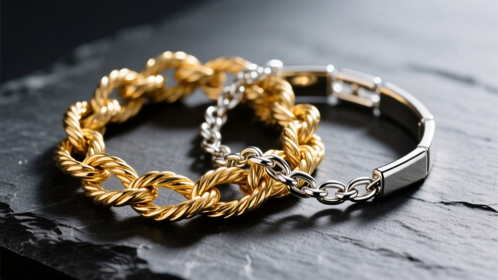 Macro photo of a tangled 18k gold rope chain and sterling silver box chain on dark slate under soft directional lighting.