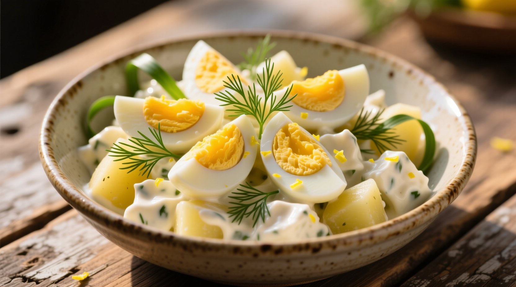 Creamy potato and egg salad in serving bowl with fresh dill garnish