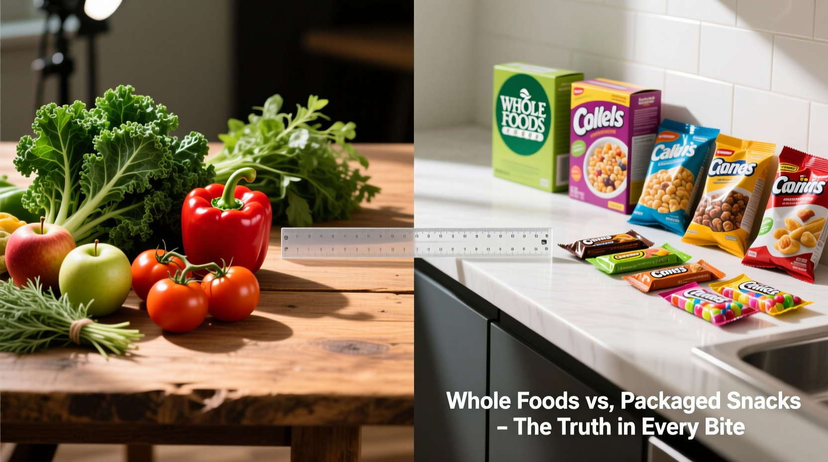 Grocery shopping comparison of whole foods versus packaged snacks