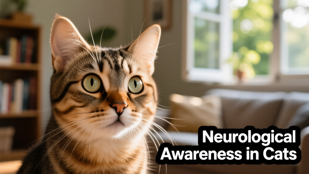 Close-up of a curious cat looking alert and focused, highlighting natural neurological responsiveness