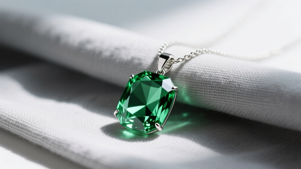 Faceted prasiolite green amethyst pendant on a sterling silver chain resting on soft grey linen cloth in bright natural daylight