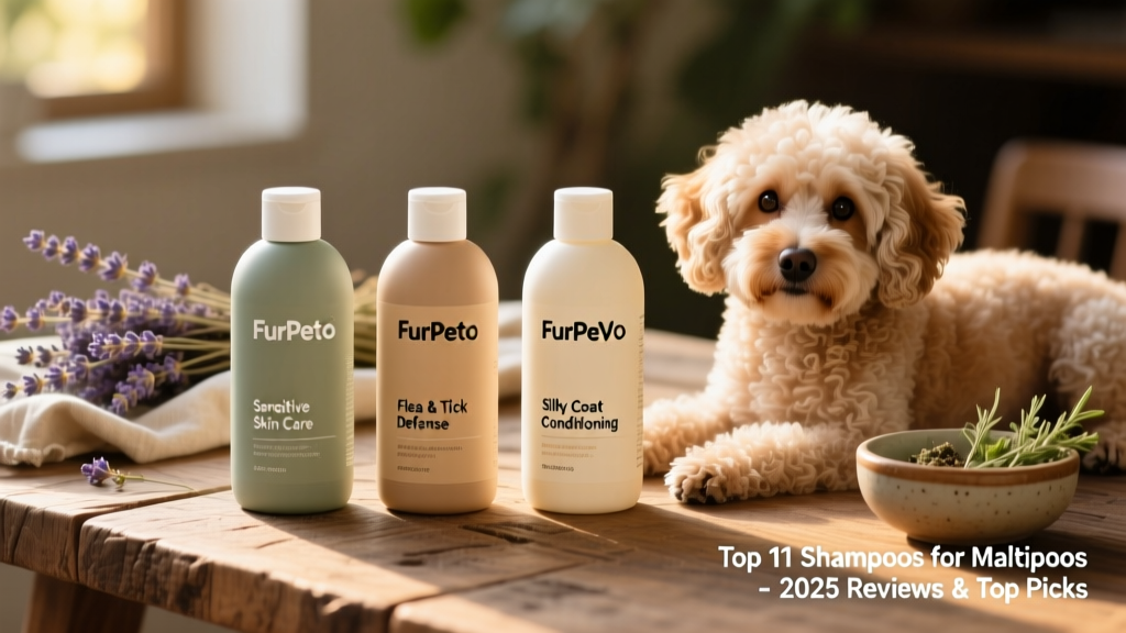 Side-by-side comparison of three FurPetVo shampoo bottles labeled for sensitive skin, flea defense, and coat conditioning