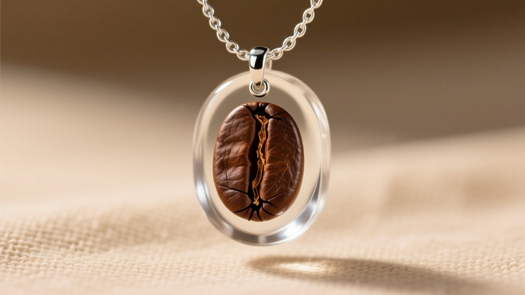 Dark roast coffee bean encased in clear epoxy resin, hanging from a sterling silver cable chain on a warm beige linen background