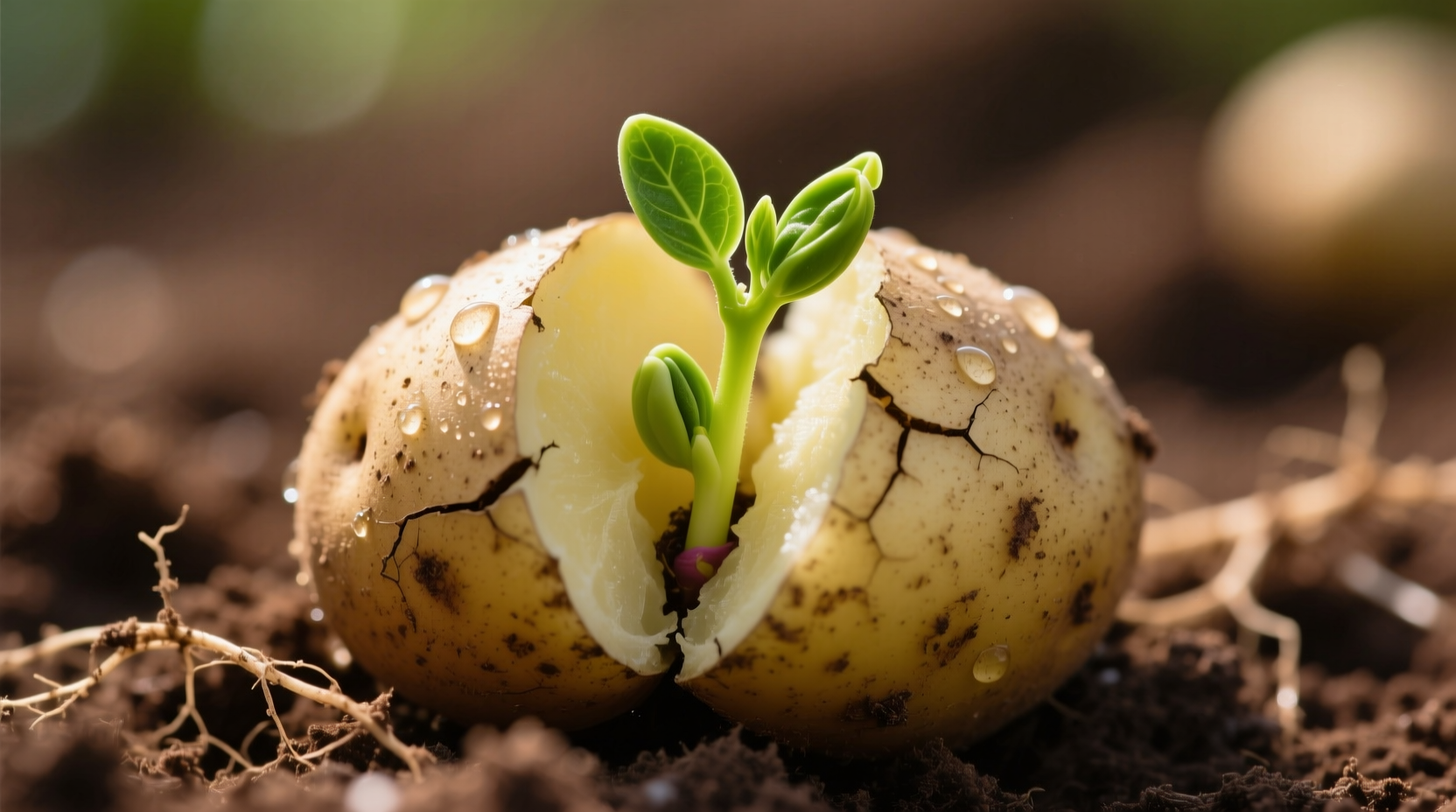 Potato sprouts emerging from seed potato