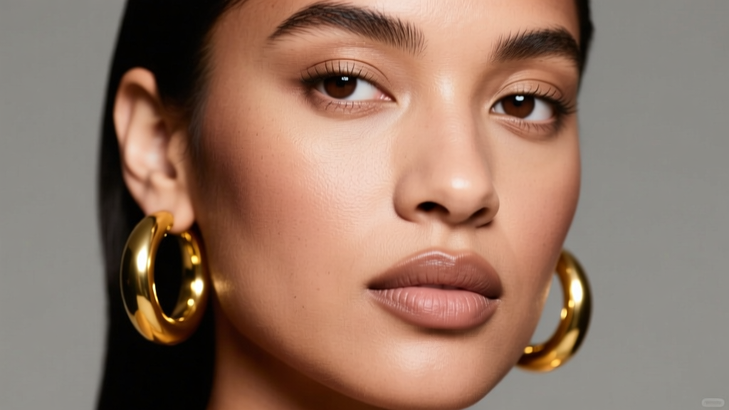 Close-up of a model wearing 60mm 14k yellow gold hoop earrings with 12mm polished spheres, studio lighting, neutral background
