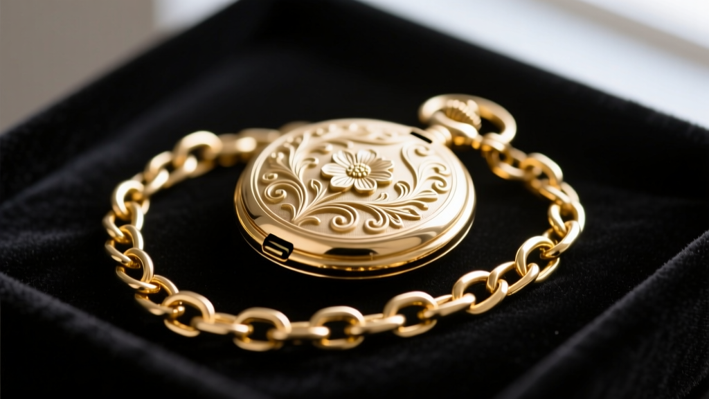 Close-up of an antique 12k gold pocket watch chain on dark velvet, showing its pale champagne hue and intricate floral engravings.