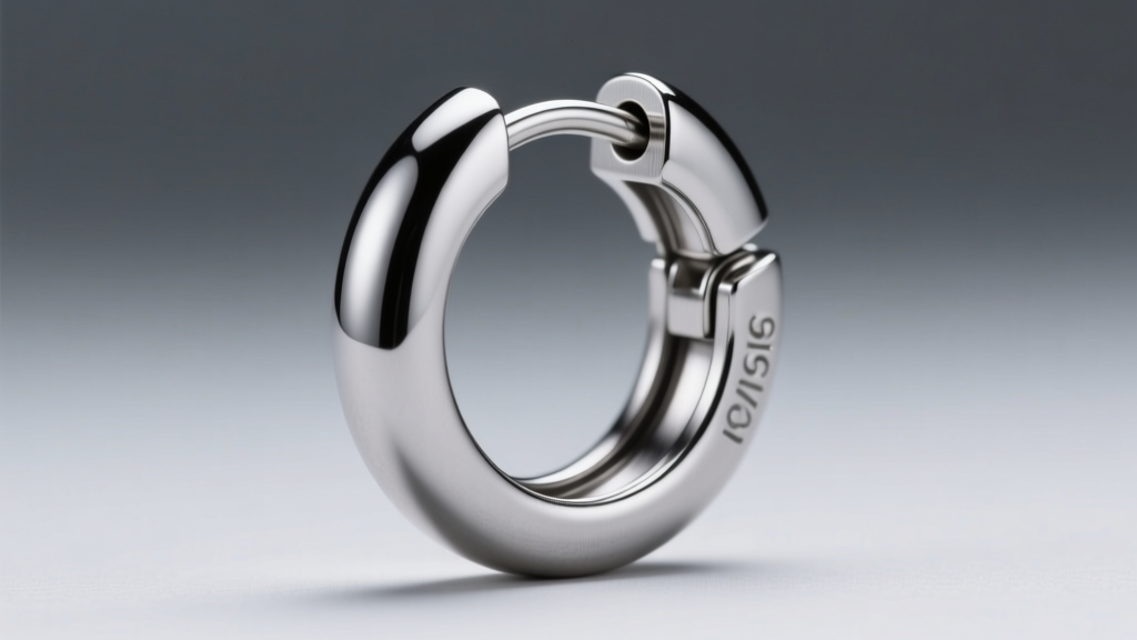 Macro photography of a 316L surgical steel clicker hoop earring mechanism showing the secure hinge and clasp closure lit with dramatic studio lighting