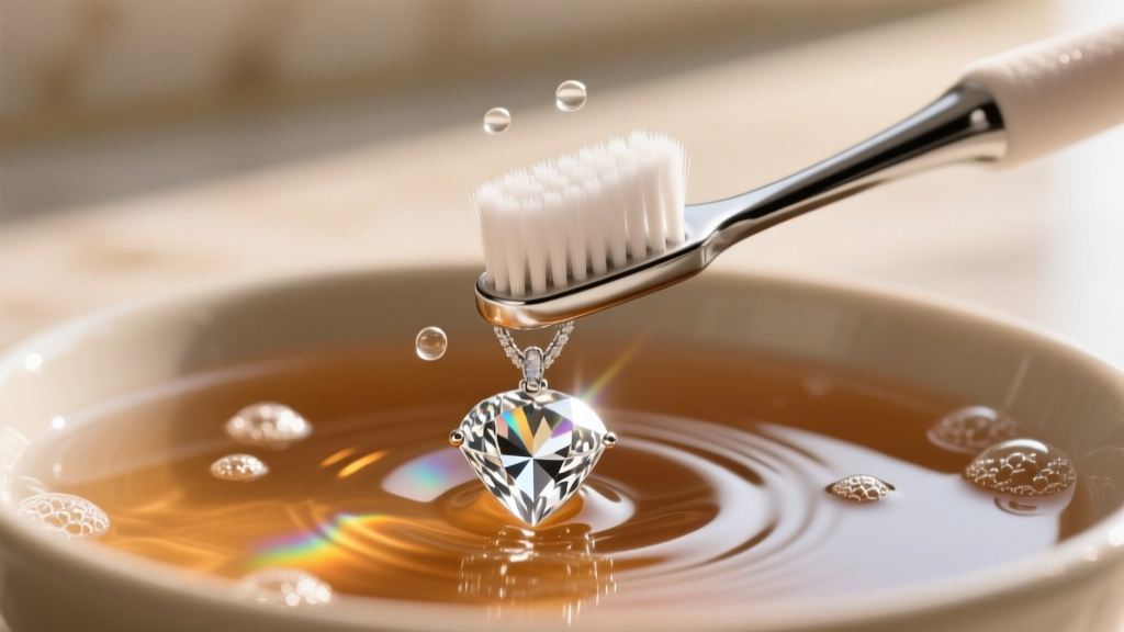 Close-up of a soft toothbrush gently scrubbing a platinum diamond pendant submerged in a small bowl of warm, mildly soapy water.