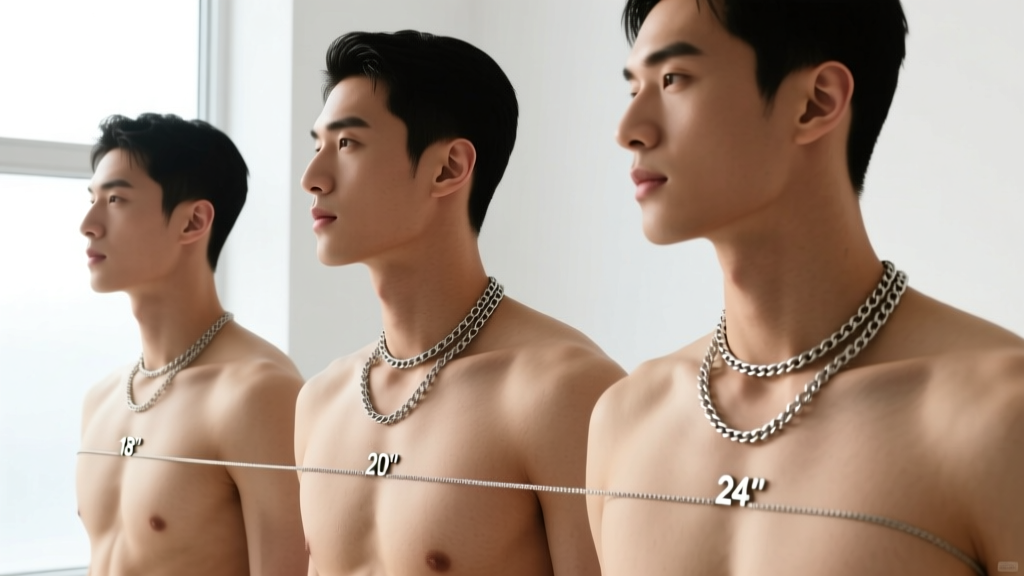 Diagram of male torsos wearing chains at 18, 20, and 24 inches, showing where each length rests on the neck and upper chest