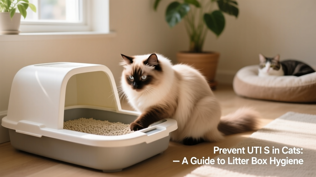 Close-up of a cat calmly using a clean, spacious litter box