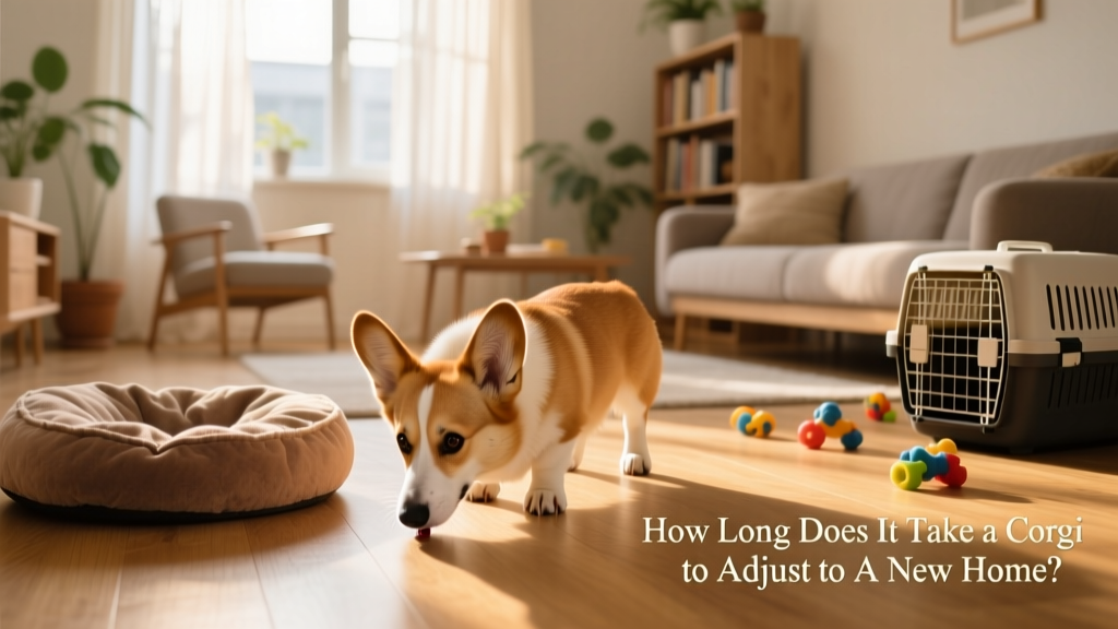 A curious Corgi sniffing around a sunlit living room with a soft dog bed nearby